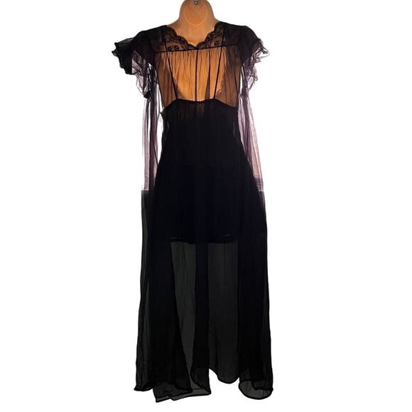 Vintage 3 Piece Lingerie Set Camisole Panty Peignoir Set Black Goth Romantic - Picture 12 of 13